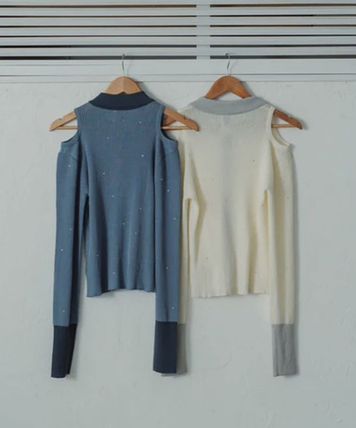 merrylatte（メリーラテ）の「stone sheer polo knit（ニット/セーター・レディース・ブルー/アイボリー・FREE）」の4枚目の写真