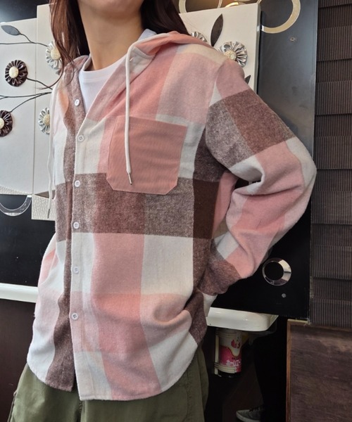 Loco Ocean(ロコオーシャン)の「チェック シャツ パーカー(シャツ/ブラウス・レディース・ピンク/ネイビー・M/L)」の1枚目の写真