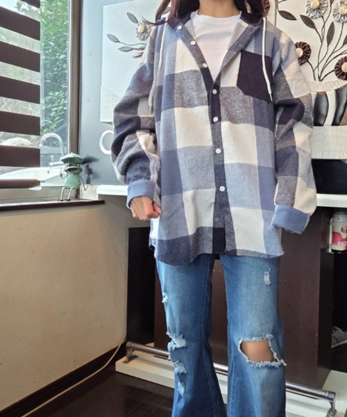 Loco Ocean(ロコオーシャン)の「チェック シャツ パーカー(シャツ/ブラウス・レディース・ピンク/ネイビー・M/L)」の4枚目の写真