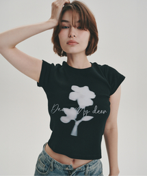 DEARMYDEER（ディアマイディア）の「フラワーハイクロップTシャツ_ブラック（Tシャツ/カットソー）」