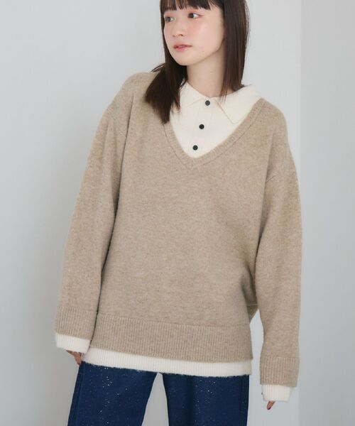 RETRO GIRL（レトロガール）の「レイヤード風襟付きNT（ニット/セーター・レディース・チャコールグレー/ベージュ/ブルー・FREE）」の2枚目の写真