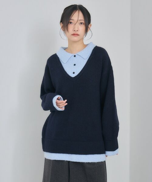 RETRO GIRL（レトロガール）の「レイヤード風襟付きNT（ニット/セーター・レディース・チャコールグレー/ベージュ/ブルー・FREE）」の4枚目の写真