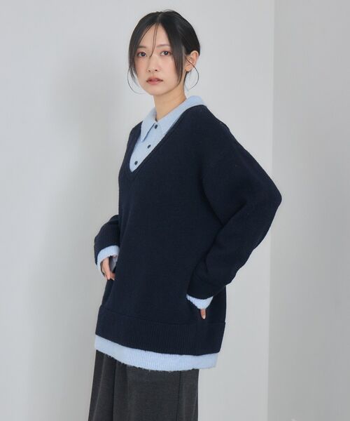 RETRO GIRL（レトロガール）の「レイヤード風襟付きNT（ニット/セーター・レディース・チャコールグレー/ベージュ/ブルー・FREE）」の7枚目の写真