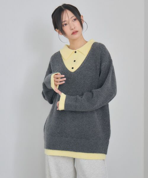 RETRO GIRL（レトロガール）の「レイヤード風襟付きNT（ニット/セーター・レディース・チャコールグレー/ベージュ/ブルー・FREE）」の14枚目の写真