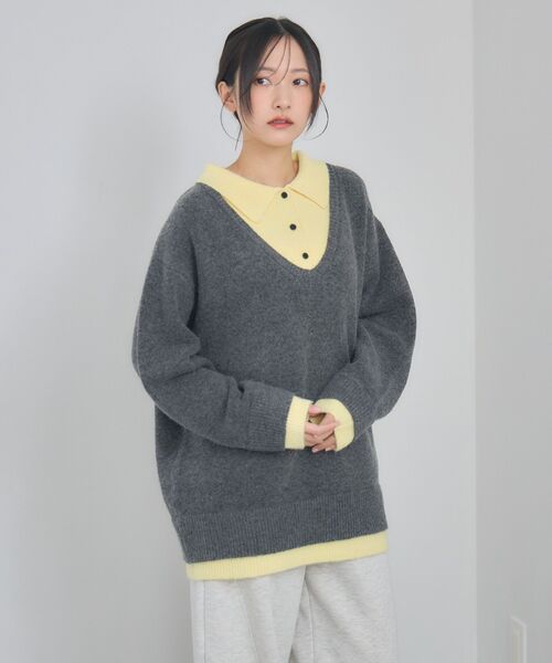 RETRO GIRL（レトロガール）の「レイヤード風襟付きNT（ニット/セーター・レディース・チャコールグレー/ベージュ/ブルー・FREE）」の15枚目の写真