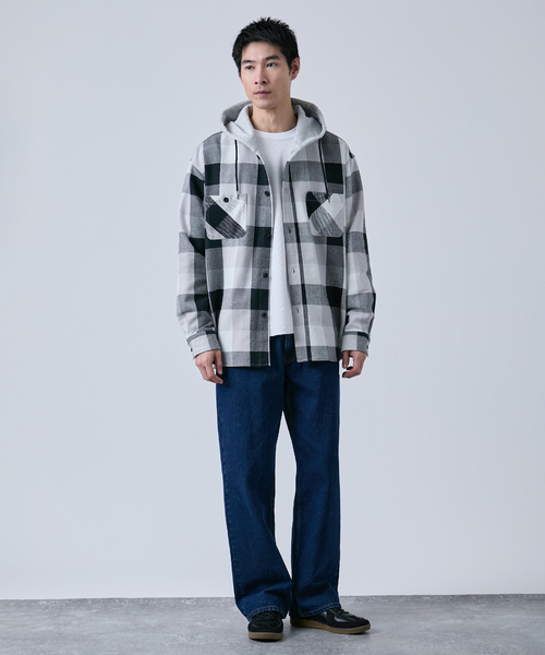 B.C STOCK（ベーセーストック）の「ビックチェック柄 フード シャツ（シャツ/ブラウス・メンズ・グレー/ブルー系その他/レッド・MEDIUM/LARGE）」の4枚目の写真