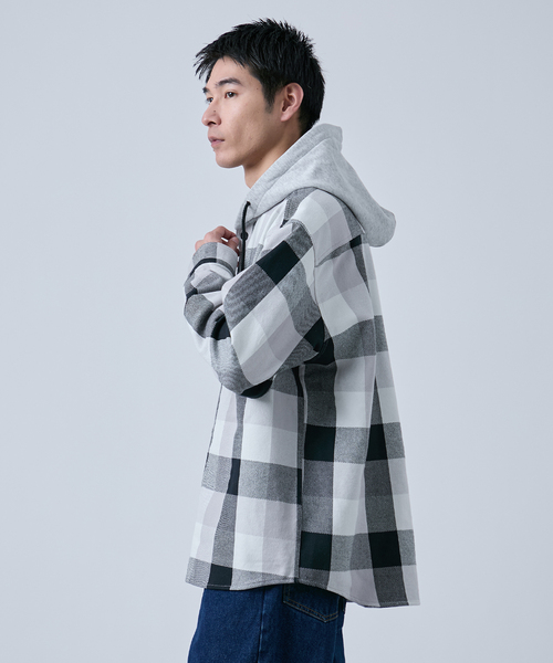 B.C STOCK（ベーセーストック）の「ビックチェック柄 フード シャツ（シャツ/ブラウス・メンズ・グレー/ブルー系その他/レッド・MEDIUM/LARGE）」の6枚目の写真