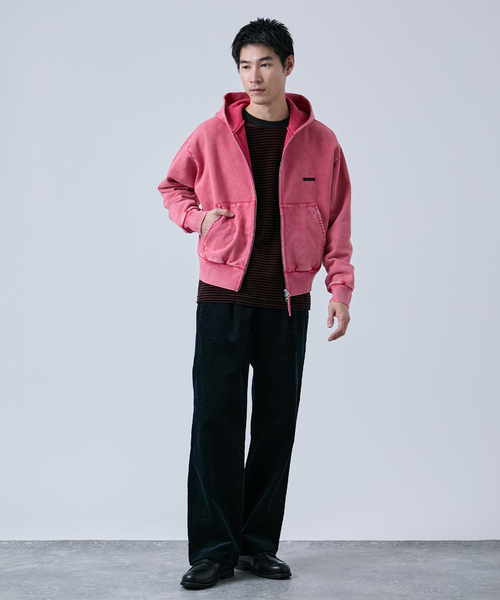 B.C STOCK（ベーセーストック）の「【ANTS & ELEPHANTS】ブリーチ加工 ショート丈 ダブルジップ裏毛パーカー（パーカー・メンズ・ブラック/レッド/ブラウン/ネイビー・LARGE/MEDIUM）」の5枚目の写真