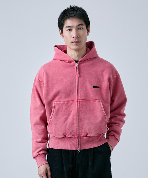 B.C STOCK（ベーセーストック）の「【ANTS & ELEPHANTS】ブリーチ加工 ショート丈 ダブルジップ裏毛パーカー（パーカー・メンズ・ブラック/レッド/ブラウン/ネイビー・LARGE/MEDIUM）」の6枚目の写真