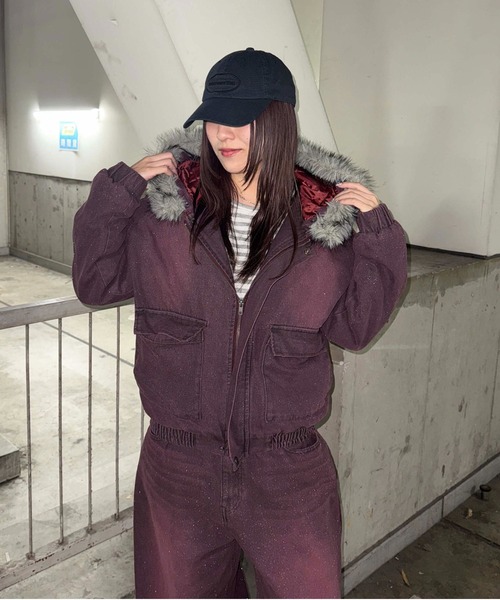 フェイクファーフードグリッターデニムブルゾン（その他アウター