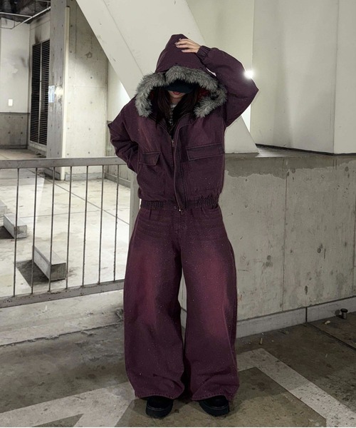 フェイクファーフードグリッターデニムブルゾン（その他アウター