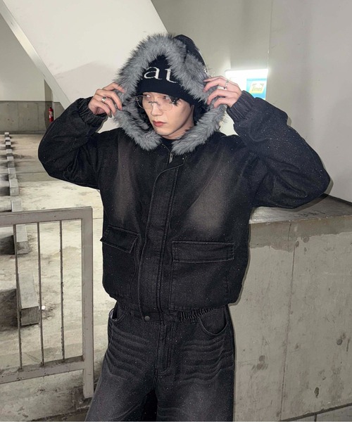 フェイクファーフードグリッターデニムブルゾン（その他アウター