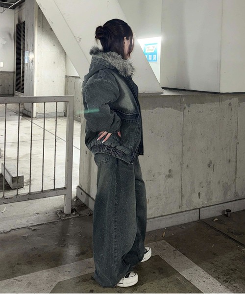 フェイクファーフードグリッターデニムブルゾン（その他アウター