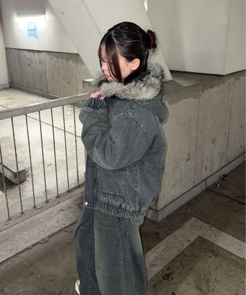 フェイクファーフードグリッターデニムブルゾン（その他アウター