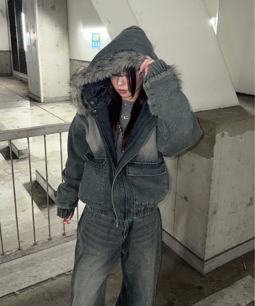 フェイクファーフードグリッターデニムブルゾン（その他アウター