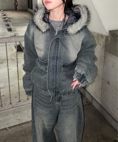 sedacle セダクル フェイクファーフードグリッターデニムブルゾン フェイクファーフードグリッターデニムブルゾン（その他アウター