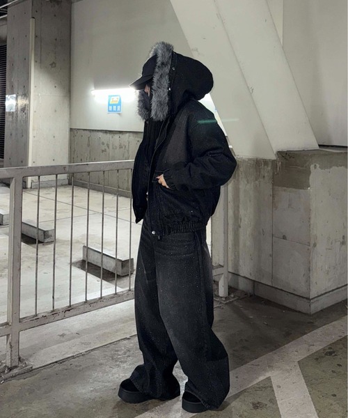 フェイクファーフードグリッターデニムブルゾン（その他アウター