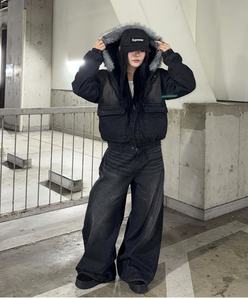 sedacle セダクル フェイクファーフードグリッターデニムブルゾン フェイクファーフードグリッターデニムブルゾン（その他アウター