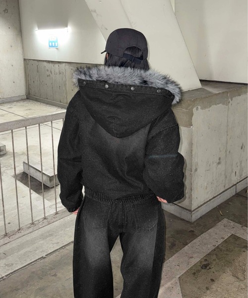 フェイクファーフードグリッターデニムブルゾン（その他アウター