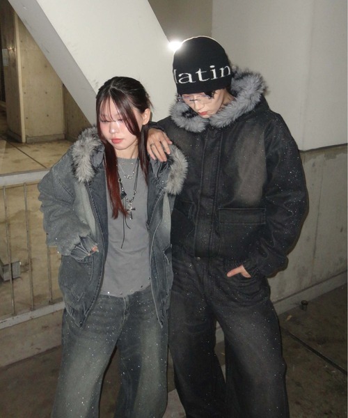 フェイクファーフードグリッターデニムブルゾン（その他アウター