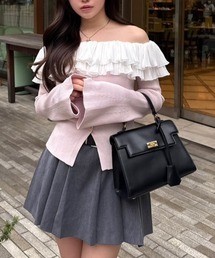 プリーツレースオフショルニットトップス 春服