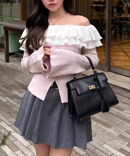 rienda（リエンダ）の「プリーツレースオフショルニットトップス 春服（ニット/セーター・レディース・ブラック/ピンク/ホワイト・FREE）」の3枚目の写真