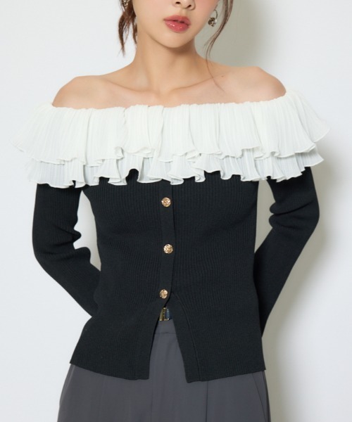 rienda（リエンダ）の「プリーツレースオフショルニットトップス 春服（ニット/セーター・レディース・ブラック/ピンク/ホワイト・FREE）」の2枚目の写真
