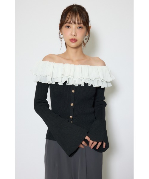 rienda（リエンダ）の「プリーツレースオフショルニットトップス 春服（ニット/セーター・レディース・ブラック/ピンク/ホワイト・FREE）」の4枚目の写真