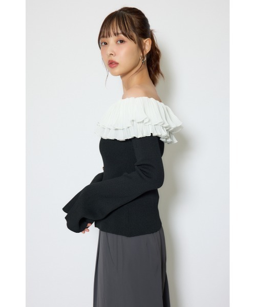 rienda（リエンダ）の「プリーツレースオフショルニットトップス 春服（ニット/セーター・レディース・ブラック/ピンク/ホワイト・FREE）」の5枚目の写真