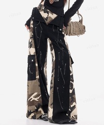 Dalfwin（ダールフィン）の「韓国ファッション 迷彩×ペイントラインワイドカーゴパンツ（カーゴパンツ）」