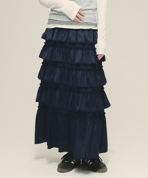 スカート 24aw Frill embroidery skirt スカート check tiered frill long skirt /チェックティアードフリル