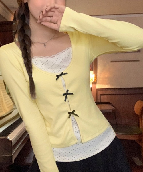 Nia(ニア)の「Nia(ニア)/レイヤード風リボン付き長袖カットソー(Tシャツ/カットソー・レディース・ネイビー/イエロー・FREE)」の2枚目の写真