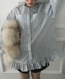 YUGA_YGMC Korean-style striped shirt dress with voluminous sleeves and tiered ruffles