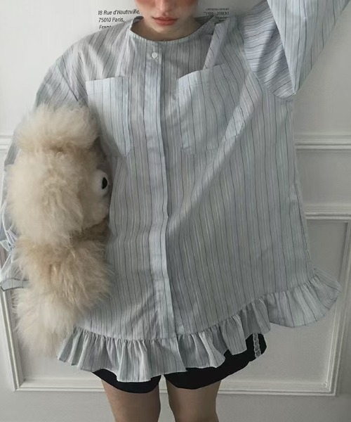 FREE STYLISTS(フリー スタイリスト)の「YUGA_YGMC Korean-style striped shirt dress with voluminous sleeves and tiered ruffles(ワンピース・レディース・ホワイト/ライトイエロー/ライトブルー・FREE)」の2枚目の写真