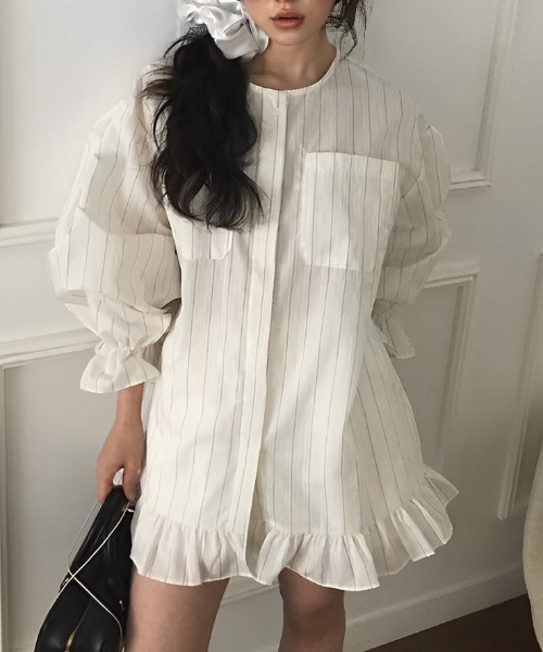 FREE STYLISTS(フリー スタイリスト)の「YUGA_YGMC Korean-style striped shirt dress with voluminous sleeves and tiered ruffles(ワンピース・レディース・ホワイト/ライトイエロー/ライトブルー・FREE)」の6枚目の写真