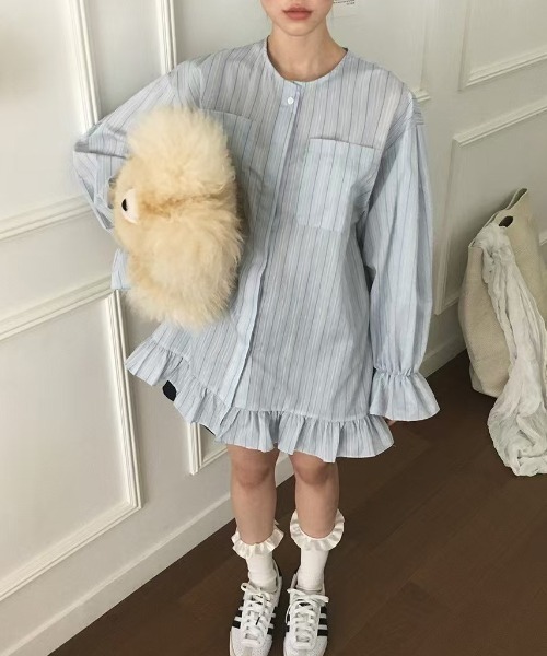 FREE STYLISTS(フリー スタイリスト)の「YUGA_YGMC Korean-style striped shirt dress with voluminous sleeves and tiered ruffles(ワンピース・レディース・ホワイト/ライトイエロー/ライトブルー・FREE)」の17枚目の写真