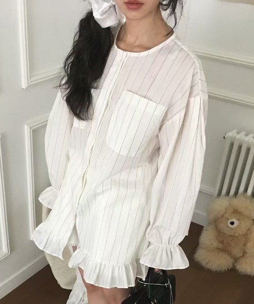 FREE STYLISTS(フリー スタイリスト)の「YUGA_YGMC Korean-style striped shirt dress with voluminous sleeves and tiered ruffles(ワンピース・レディース・ホワイト/ライトイエロー/ライトブルー・FREE)」の9枚目の写真