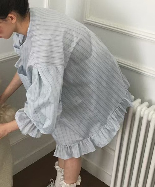 FREE STYLISTS(フリー スタイリスト)の「YUGA_YGMC Korean-style striped shirt dress with voluminous sleeves and tiered ruffles(ワンピース・レディース・ホワイト/ライトイエロー/ライトブルー・FREE)」の20枚目の写真