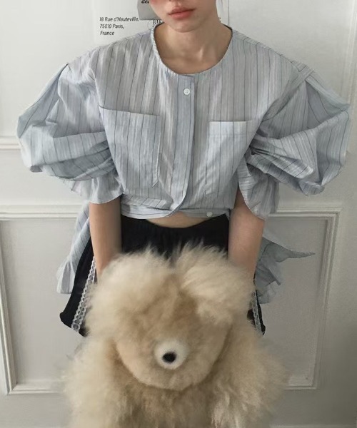 FREE STYLISTS(フリー スタイリスト)の「YUGA_YGMC Korean-style striped shirt dress with voluminous sleeves and tiered ruffles(ワンピース・レディース・ホワイト/ライトイエロー/ライトブルー・FREE)」の16枚目の写真