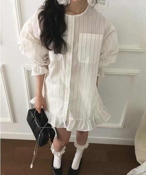 FREE STYLISTS(フリー スタイリスト)の「YUGA_YGMC Korean-style striped shirt dress with voluminous sleeves and tiered ruffles(ワンピース・レディース・ホワイト/ライトイエロー/ライトブルー・FREE)」の12枚目の写真