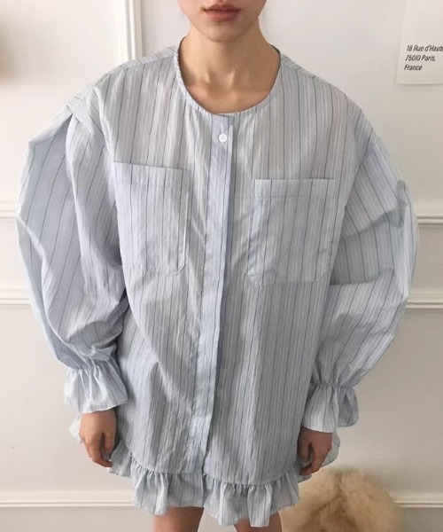 FREE STYLISTS(フリー スタイリスト)の「YUGA_YGMC Korean-style striped shirt dress with voluminous sleeves and tiered ruffles(ワンピース・レディース・ホワイト/ライトイエロー/ライトブルー・FREE)」の14枚目の写真