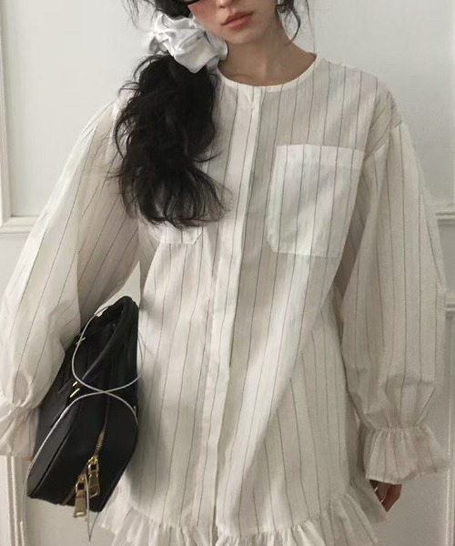 FREE STYLISTS(フリー スタイリスト)の「YUGA_YGMC Korean-style striped shirt dress with voluminous sleeves and tiered ruffles(ワンピース・レディース・ホワイト/ライトイエロー/ライトブルー・FREE)」の10枚目の写真