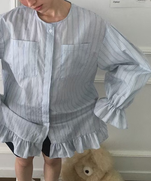 FREE STYLISTS(フリー スタイリスト)の「YUGA_YGMC Korean-style striped shirt dress with voluminous sleeves and tiered ruffles(ワンピース・レディース・ホワイト/ライトイエロー/ライトブルー・FREE)」の18枚目の写真