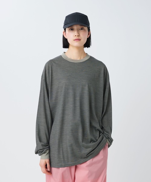 Snow Peak(スノーピーク)の「Snow Peak / Summer Wool Stripe L/S T-Shirt サマーウールストライプロングスリーブTシャツ(Tシャツ/カットソー・メンズ・ライトグリーン/ブラック/グレイッシュベージュ・S/M/L/XL/1)」の2枚目の写真