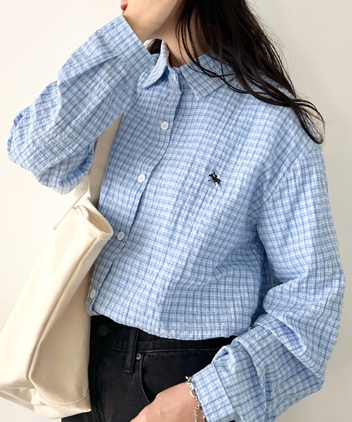 POLOCHAMPS(ポロチャンプス)の「POLOCHAMPS(ポロチャンプス)/チェックシャツ オーバーサイズ コットン 羽織 ワンポイント刺繍(シャツ/ブラウス・レディース・ブラウン/ブラック/ブルー・FREE)」の3枚目の写真