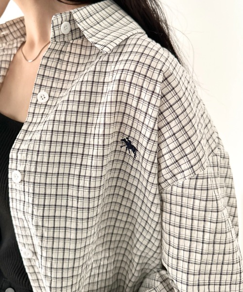POLOCHAMPS（ポロチャンプス）の「POLOCHAMPS(ポロチャンプス)/チェックシャツ オーバーサイズ コットン 羽織 ワンポイント刺繍（シャツ/ブラウス・レディース・ブラウン/ブラック/ブルー・FREE）」の8枚目の写真