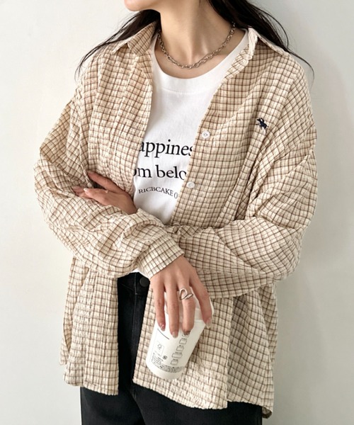 POLOCHAMPS(ポロチャンプス)の「POLOCHAMPS(ポロチャンプス)/チェックシャツ オーバーサイズ コットン 羽織 ワンポイント刺繍(シャツ/ブラウス・レディース・ブラウン/ブラック/ブルー・FREE)」の17枚目の写真