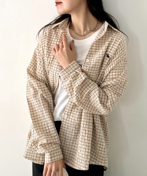 POLOCHAMPS(ポロチャンプス)の「POLOCHAMPS(ポロチャンプス)/チェックシャツ オーバーサイズ コットン 羽織 ワンポイント刺繍(シャツ/ブラウス・レディース・ブラウン/ブラック/ブルー・FREE)」の18枚目の写真