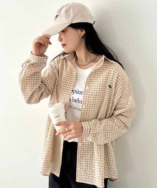 POLOCHAMPS(ポロチャンプス)の「POLOCHAMPS(ポロチャンプス)/チェックシャツ オーバーサイズ コットン 羽織 ワンポイント刺繍(シャツ/ブラウス・レディース・ブラウン/ブラック/ブルー・FREE)」の19枚目の写真