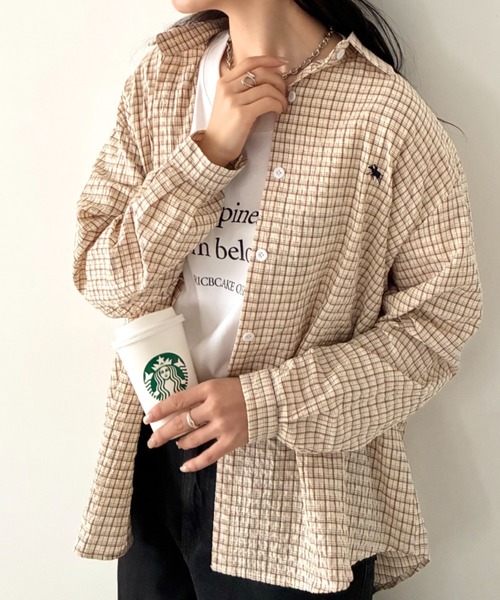 POLOCHAMPS(ポロチャンプス)の「POLOCHAMPS(ポロチャンプス)/チェックシャツ オーバーサイズ コットン 羽織 ワンポイント刺繍(シャツ/ブラウス・レディース・ブラウン/ブラック/ブルー・FREE)」の16枚目の写真
